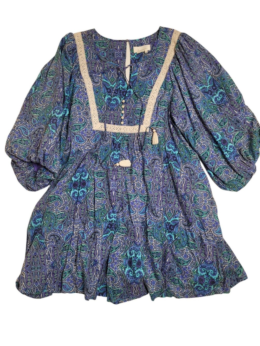 Anthropologie Romper Sz Large LISSA Shorts Balloon Sleeves Paisley Tassel Lined
